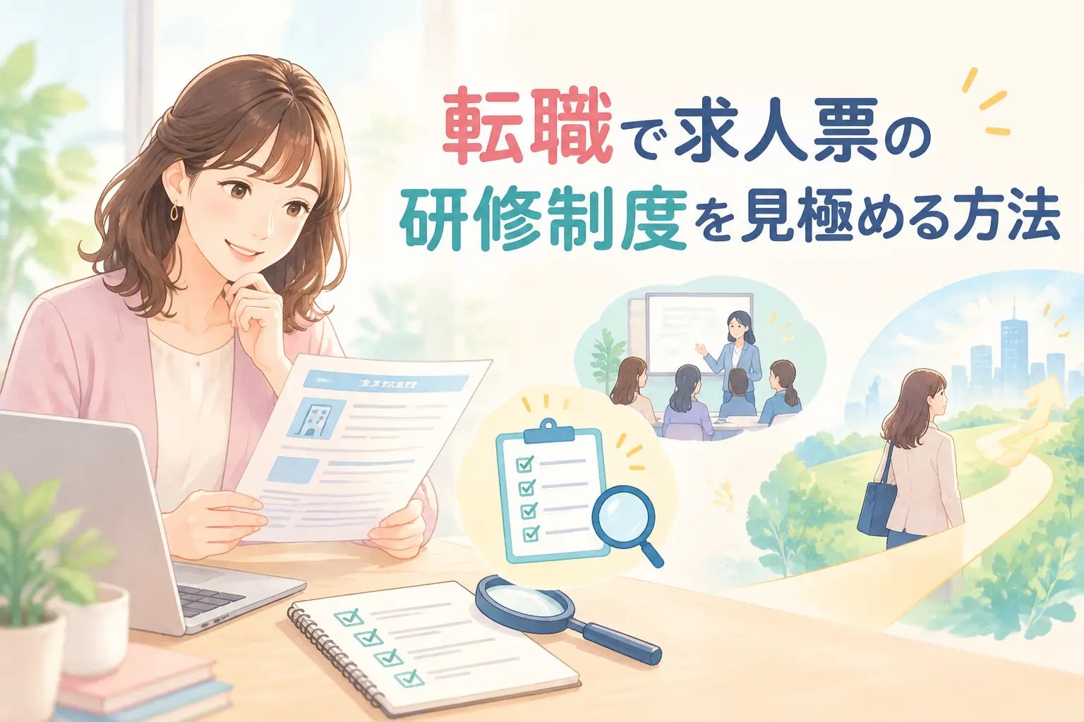 求人票の研修制度を確認する女性