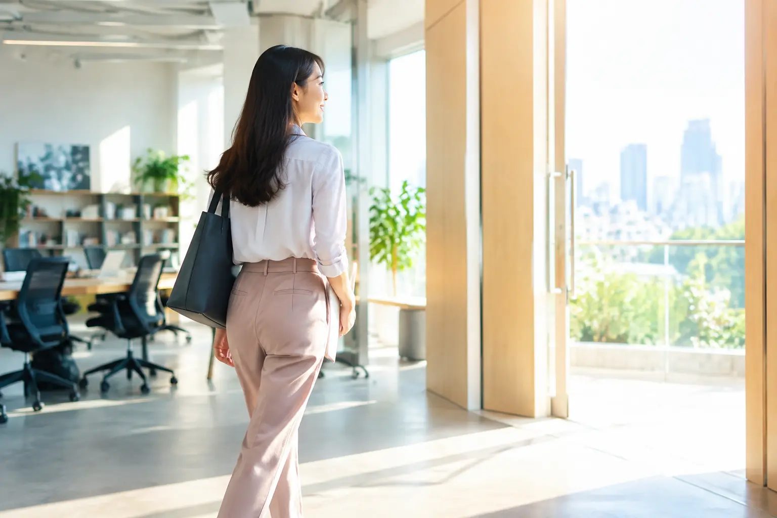 明るい職場へ進む日本人女性